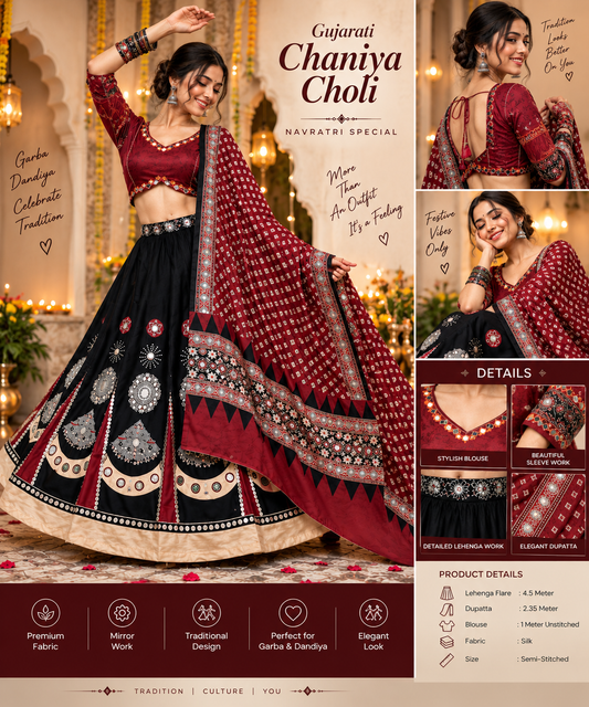 Black & Maroon Mirror Work Gujarati Chaniya Choli – Navratri Special
