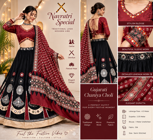 Black & Maroon Mirror Work Gujarati Chaniya Choli – Navratri Special