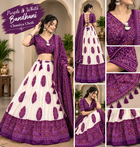 Purple & White Patola Bandhani Chaniya Choli – Navratri Special